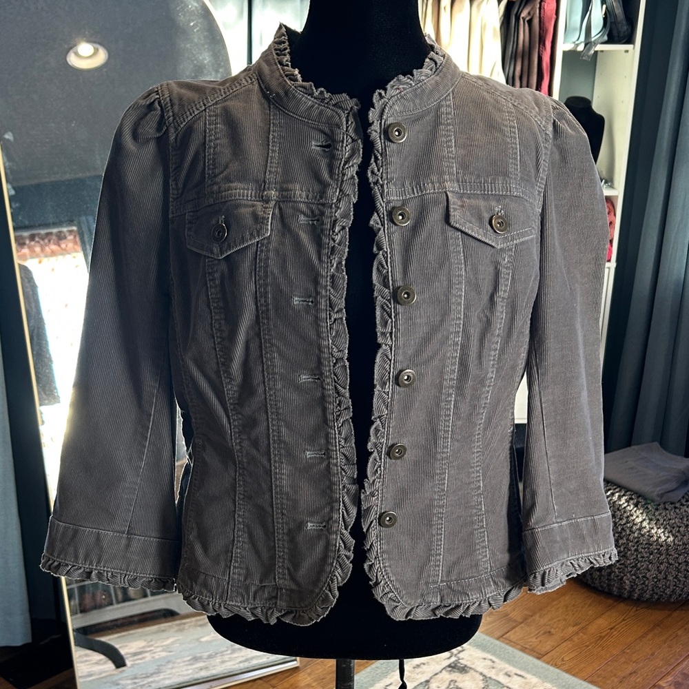 LOFT Women's Gray Ruffled Jean Jacket